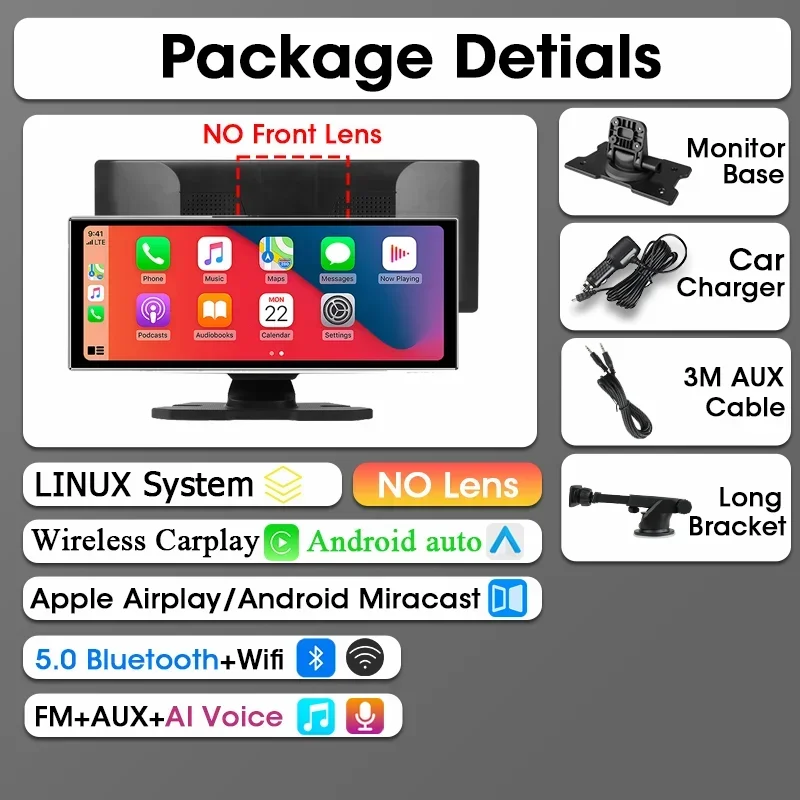 Srnubi 11.26 "Dash Cam Achteruitkijkspiegel Carplay Android Auto 4K DVR Navigatie Speler Dual Lens Recorder Dashboard WIFI BT AUX GPS FM
