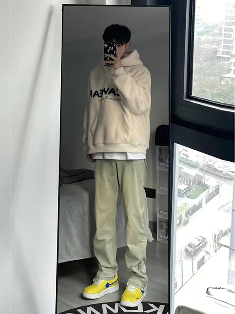 

Retro American Vibe High Street Waed Outdated Yellow Clay Dye Jeans Men's Zipper Slit Micro Flared Long Pants Casual Wear