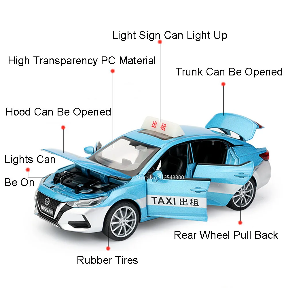 1:32 Skala Nissan Sylphy Taxi Model samochodu Zabawka Aluminiowe nadwozie Gumowe opony Dźwięk Światło Pociągnij do tyłu Modele pojazdów Kolekcja Chłopcy Prezenty