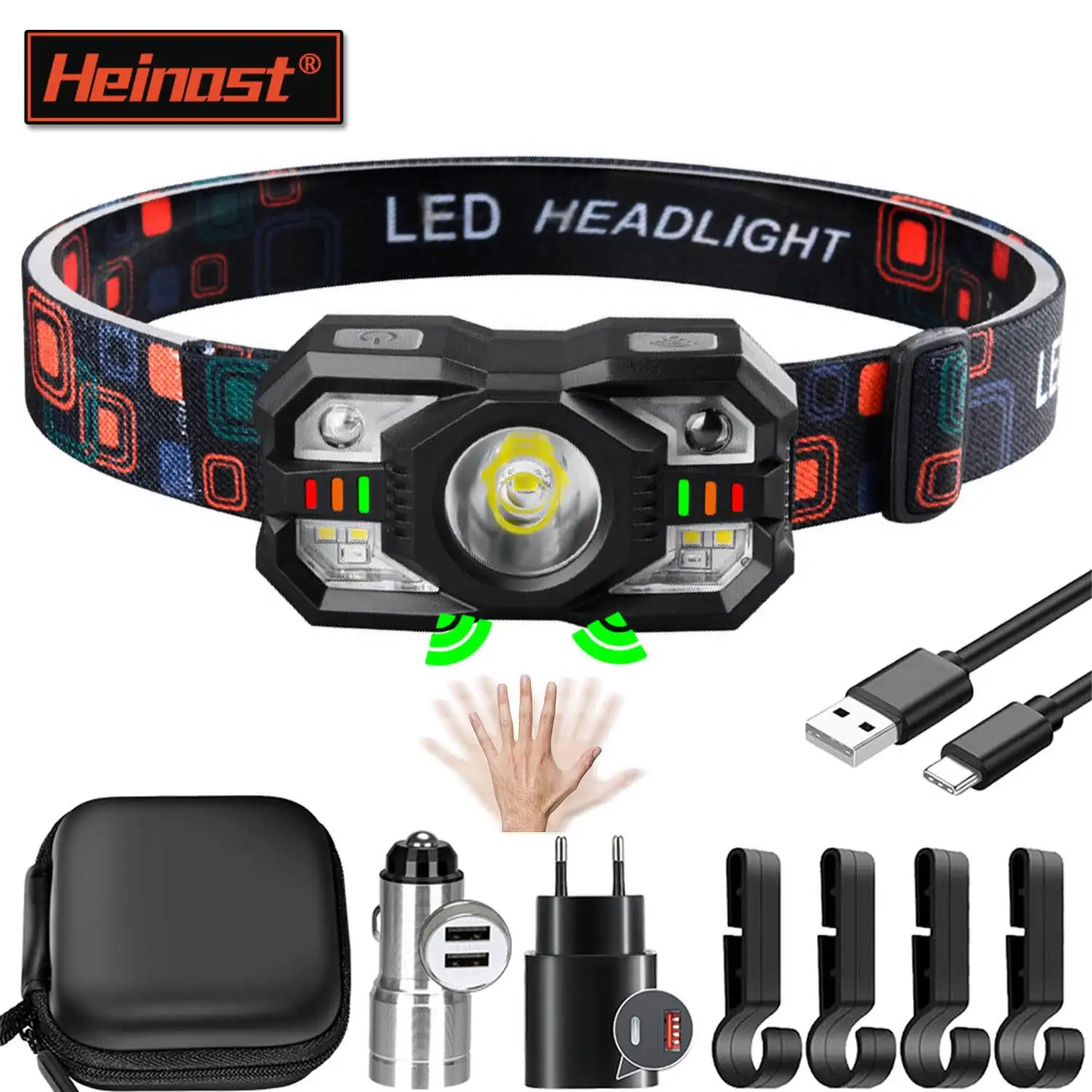 Portable Sensor Headlamp LED Headlight Type-C Rechargeable 5 Lighting Modes Waterproof Head Lantern for Outdoor Camping Fishing