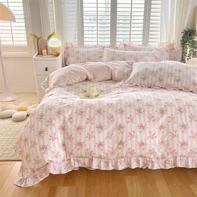 Bonenjoy Pink Color Duvet Cover with Ruffles 100%Cotton Flower Printed housse de couette for Girls Pure Cotton Bed Cover King