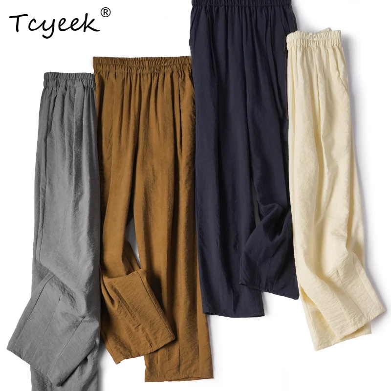 

Tcyeek 76% Mulberry 24% Nylon Summer Thin Solid Color Cool Loose Straight Leg Long Woman Trousers Брюки Женские Летние 여름바지 여성