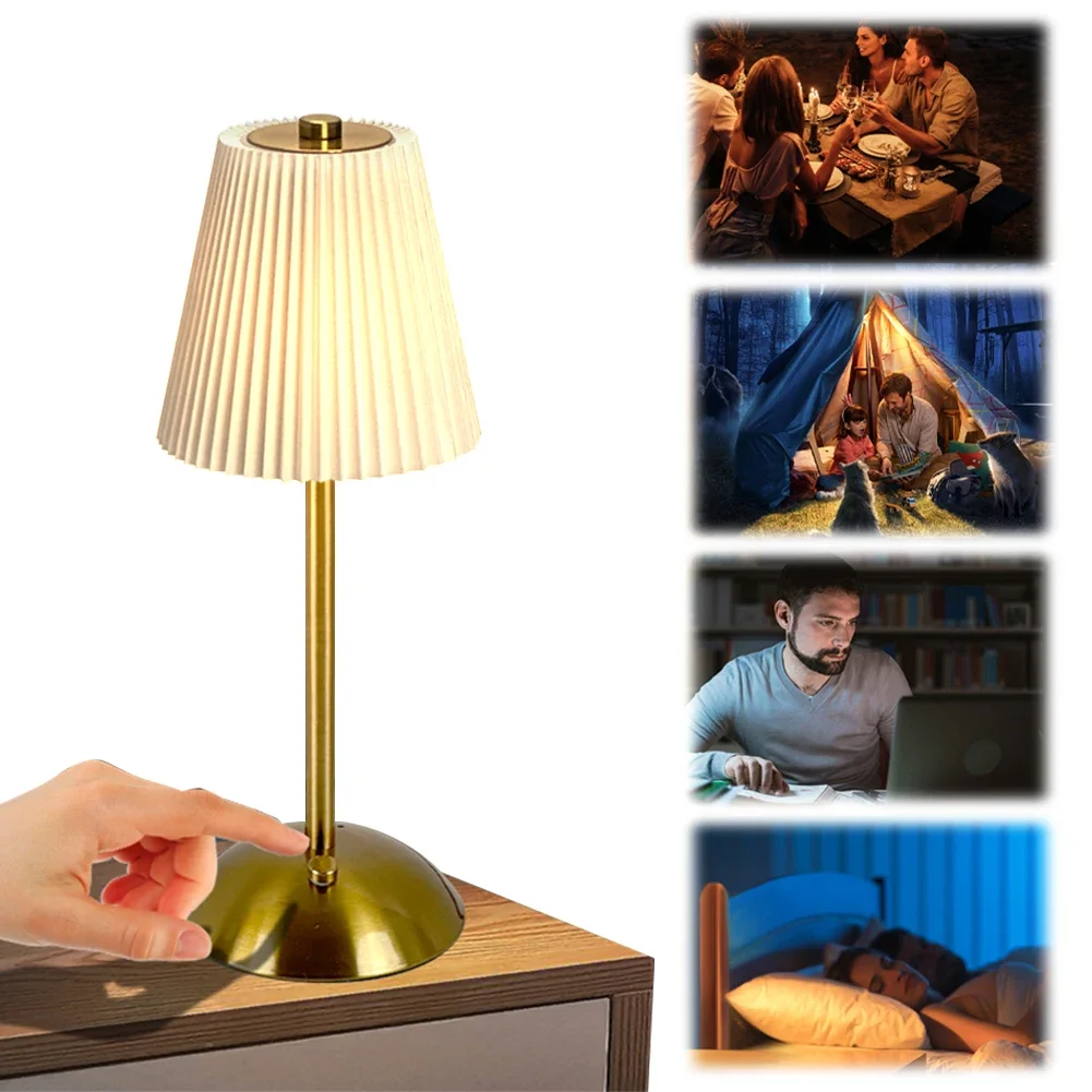 Cordless Table Lamp Dimmable Sleeping Light USB Rechargeable Portable Metal Desk Lamp with Pleated Lampshade for Outdoor Camping