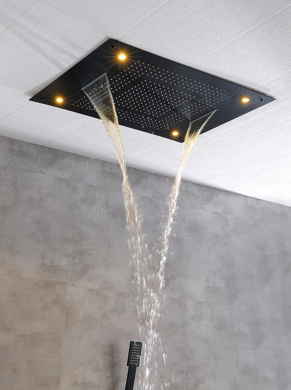 Black 800x600mm Embedded Concealed Ceiling Shower Head Wall Spray Mist Function Waterfall Function and Thermostatic Switch led