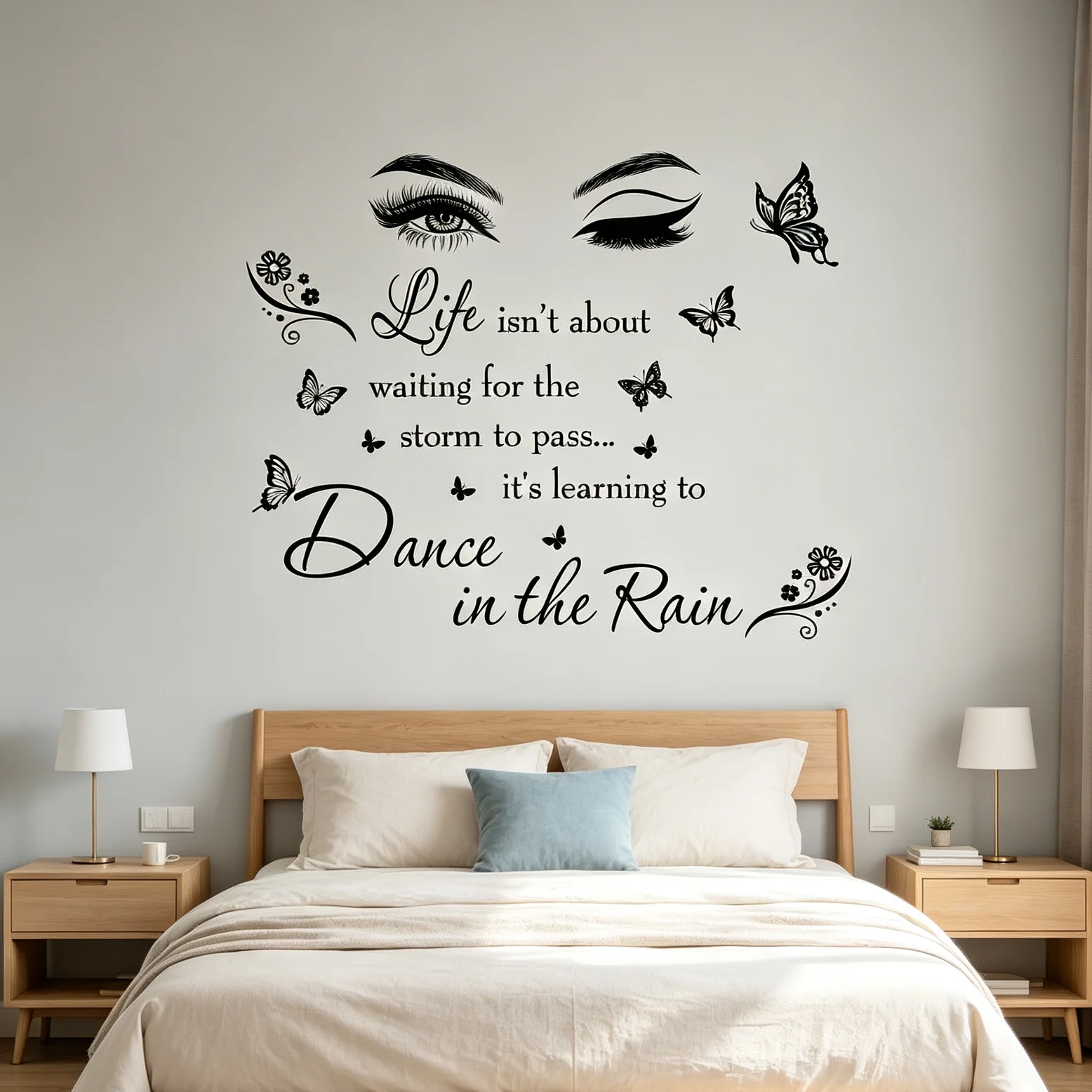 Dance in the Rain Inspirational Quote Wall Decal, Beautiful Eyes Butterfly Floral Vinyl Wall Sticker for Bedroom Vanity Room