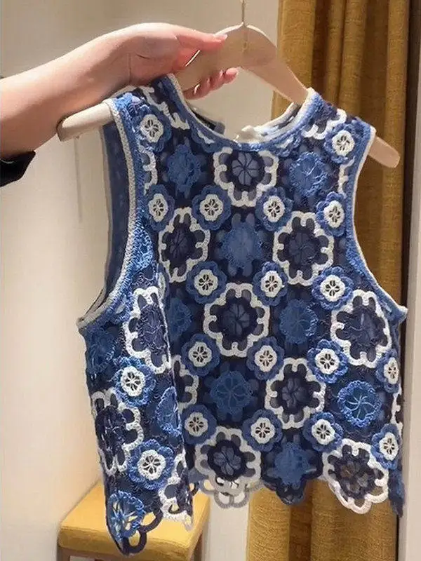 Blue Knitted Hollow out Strap Vest Women's Versatile Design Unique Exquisite Top Fashionable A-Line Narrow Shoulder Strap Vest