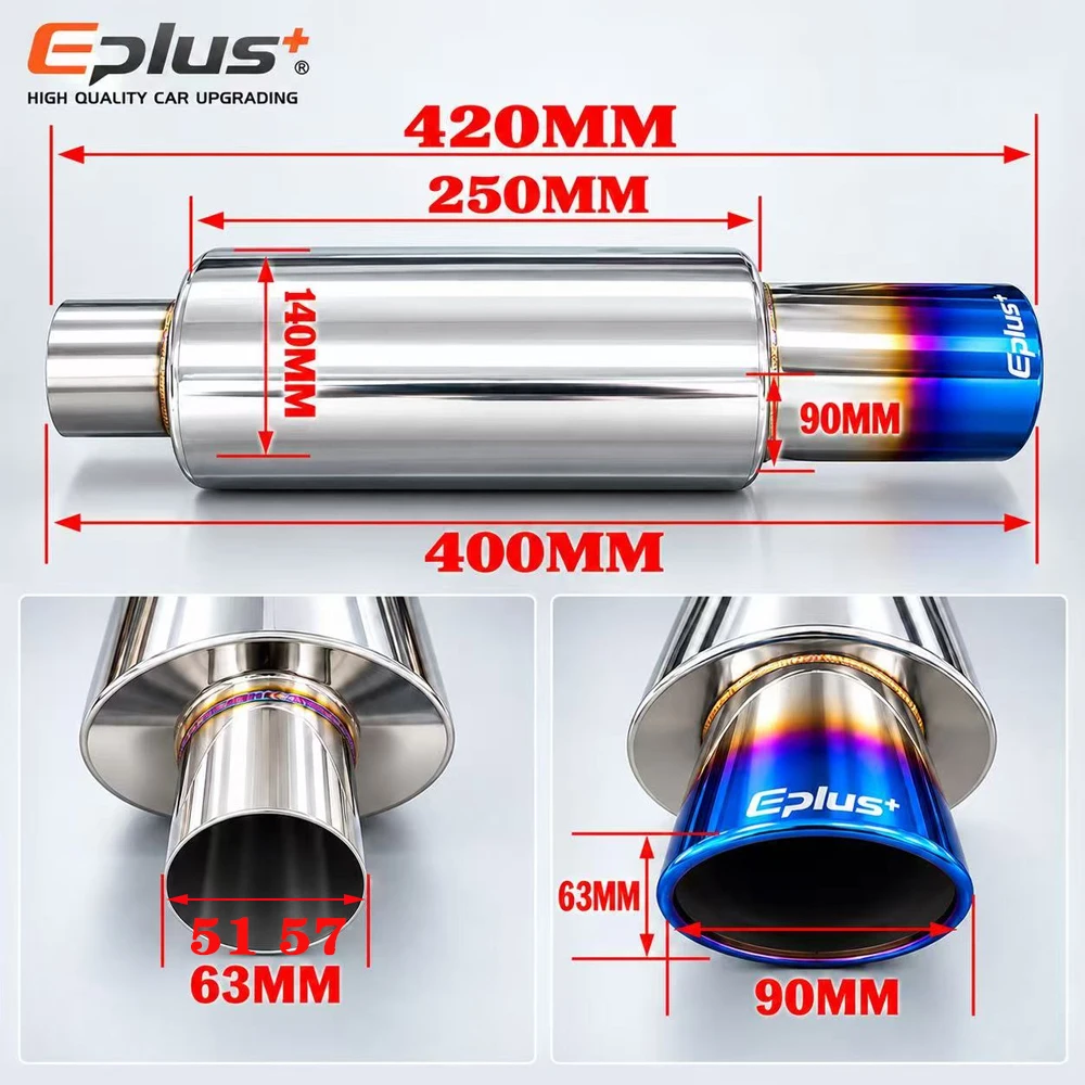 EPLUS Universal Oval Stainless Steel Car Exhaust Muffler Straight-Cut Tip Car Exhaust Resonator Inlet 51/57/63mm