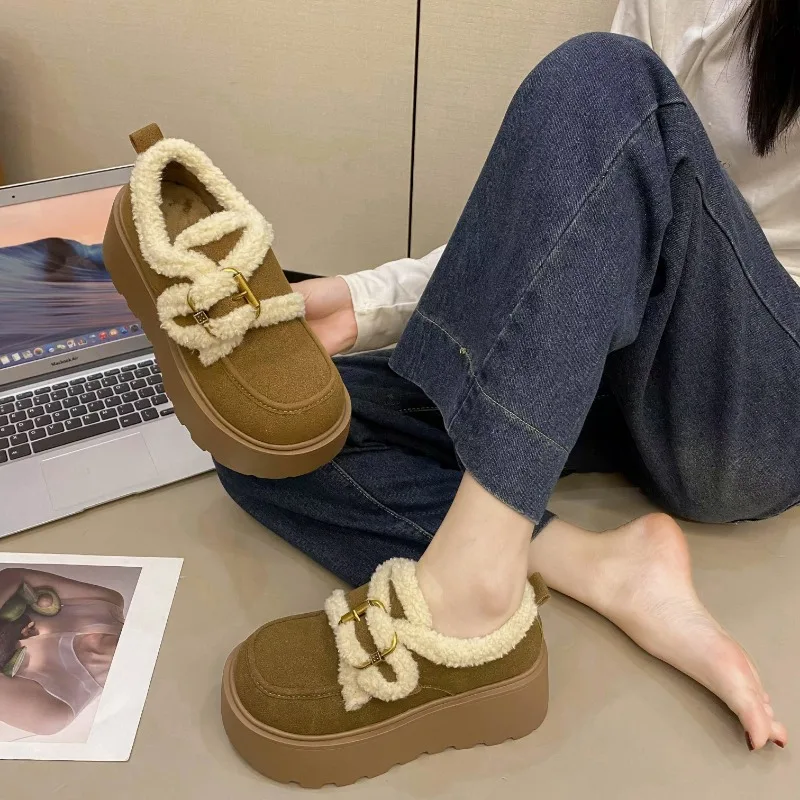 Women's New Winter Heel Boots Fashion Round Head Cow Suede Metal Buckle Thick Sole Anti-slip Wear-resistant Low-top Shoes image 2