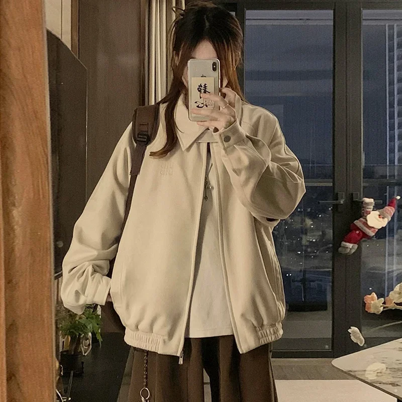 

Baseball Jackets Letter M Womens Spring Thermal Silky All-Match Button-Embellished Polyester Pockets Baggy Splicing Street Retro