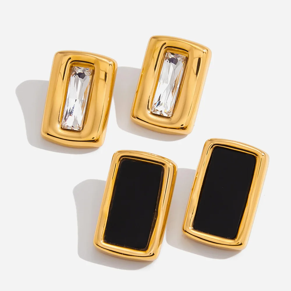 Luxurious Allure Rectangular-Shaped White Zirconia CZ Bling Stud Earrings Stainess Steel Waterproof Charm Women Jewelry