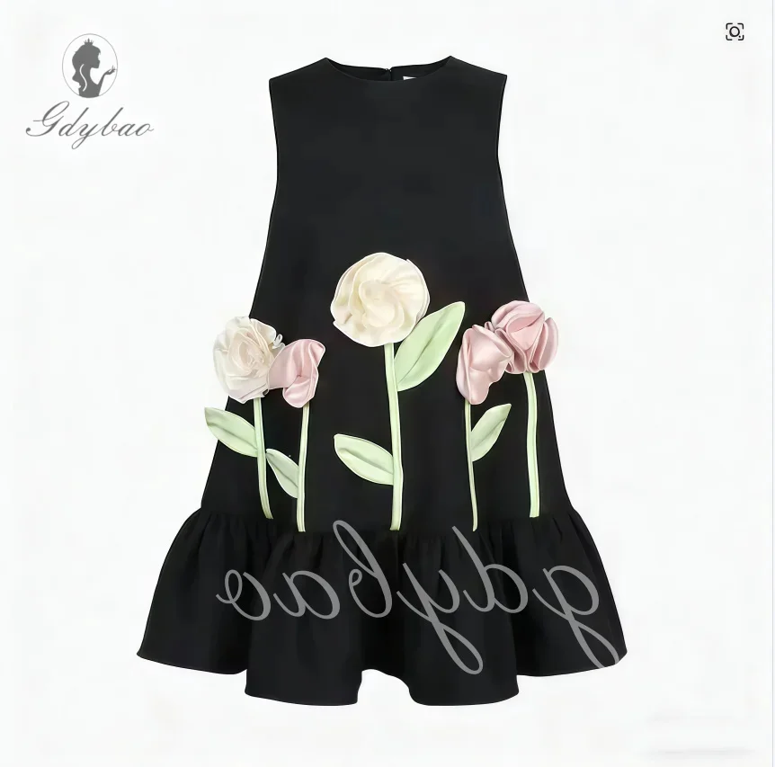 

Princess Satin Flower Girl Dress For Wedding Sleeveless 3D Applique Aline Kids Birthday Party First Communion Gown Custom