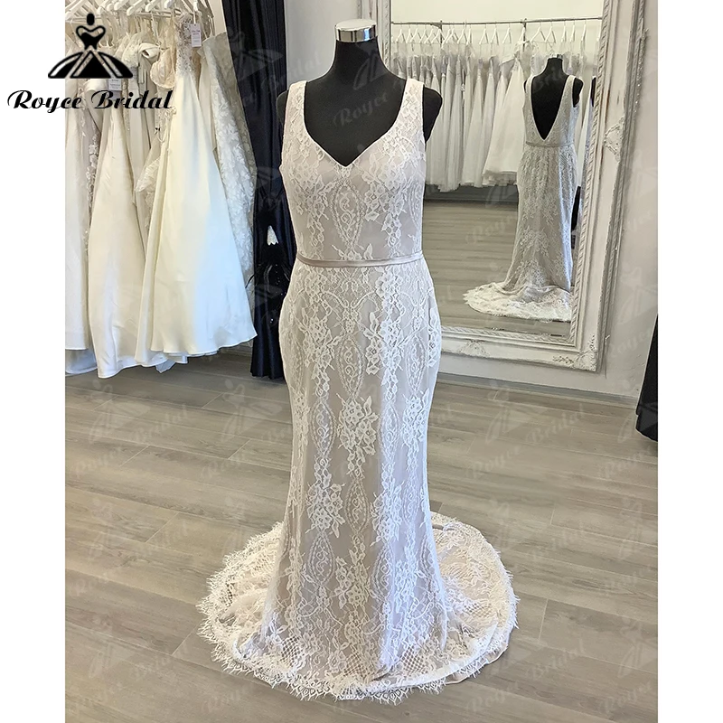 Luxo boho o-neck manga curta boné de renda apliques sereia vestidos de casamento tule vestidos de noiva sexy voltar botão varrer