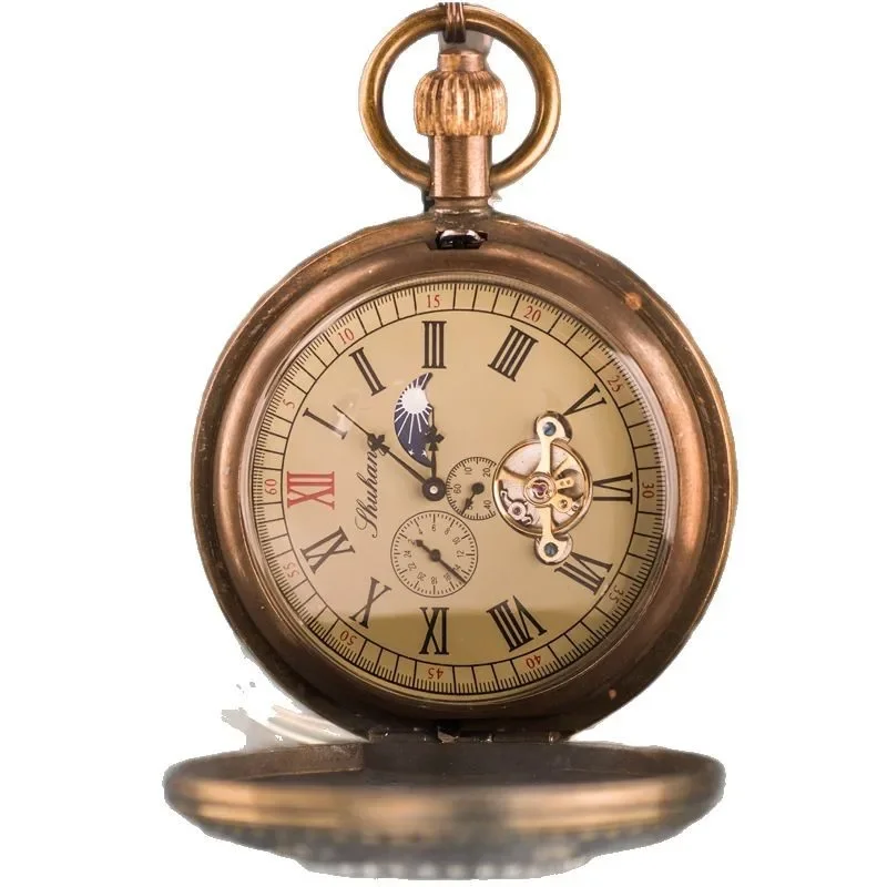 حركة الشمس والقمر والنجوم الملاك البرونزي مزدوجة مفتوحة الوجه دليل ساعة الجيب الميكانيكية العتيقة الكنز التذكاري الرجل العجوز