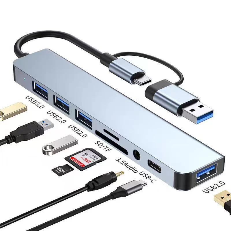 8in1 USB C Type C HUB Docking Station with 3.5mm Audio Jack Adapter for Micro SD Card Reader Laptop Tablet Phone Disk Converter