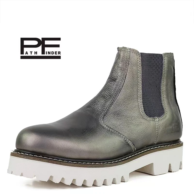 

PF Men'sGenuine Leather Motorcycle Boots Chunky Women Chelsea Boots Round Toe Elastic Band Female Platform Shoes Handmade Yellow