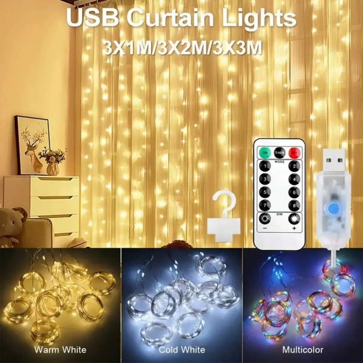 

USB Copper Wire Curtain String Lights for Christmas, Wedding, and Room Festival Decoration, Fairy Curtain Lights.