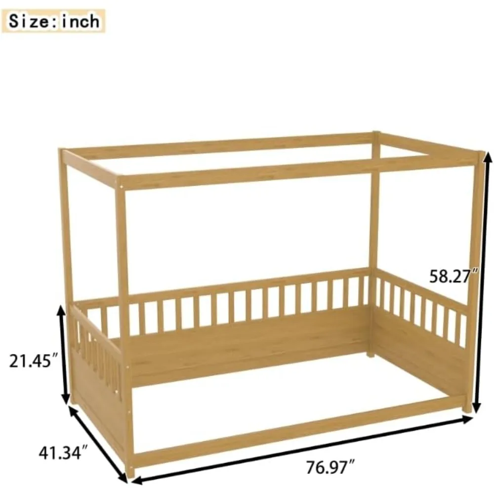 إطار سرير بمظلة مزدوج الحجم من Bellemave مع 4 ملصقات ودرابزين حماية، سرير أرضية مونتيسوري بحجم مزدوج مع سياج مرتفع، سهل التجميع #2