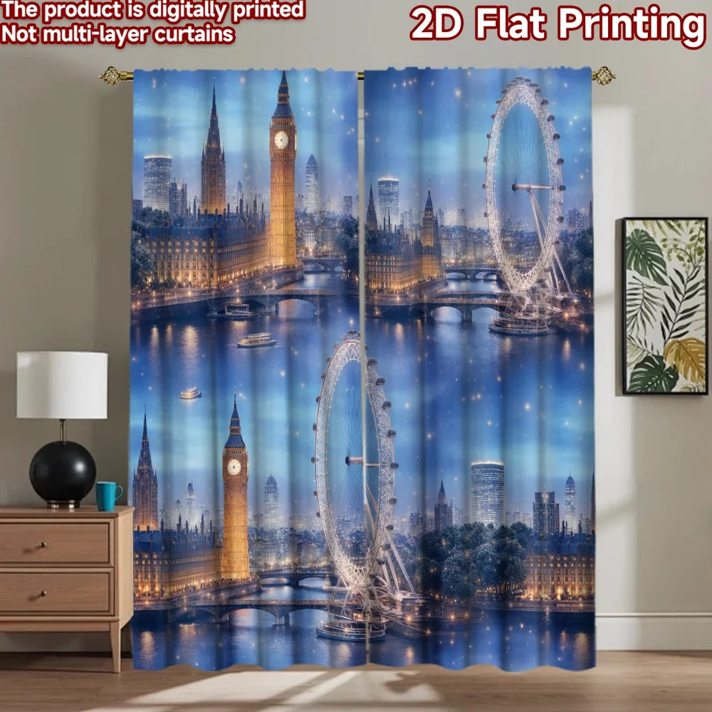 Cortinas con estampado plano 2D, 2 uds., cortinas con estampado digital del horizonte nocturno de Londres, cortinas de poliéster, decoración para fiestas familiares para vacaciones