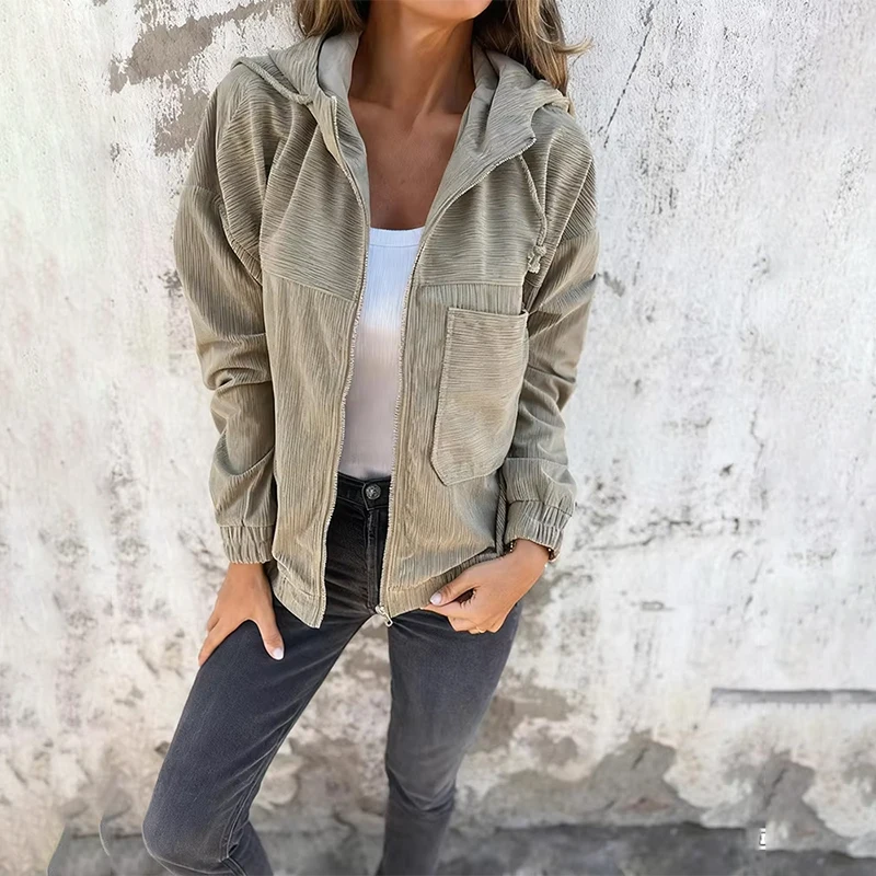 

Autumn Women Coats Hoodie Pocket Zippers Loose Jacket European American Simple Corduroy Elegant Trendy Ladies Cardigan Coat