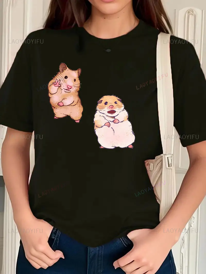 Funny Photograph The Hamster and Scare The Hamster Cartoon Printed T-shirt Woman Creative Gift T-shirt High Quality Cotton Tops