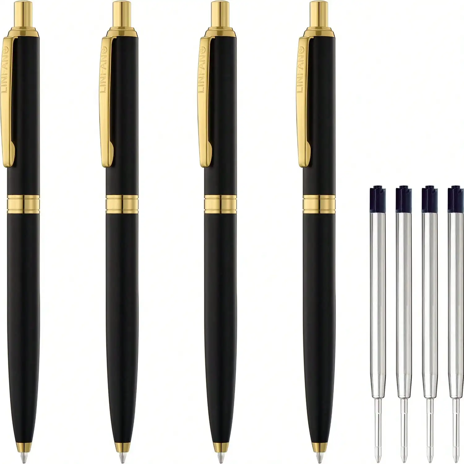 

4 Pack Ballpoint Pens Premium Retractable Metal Ballpoint Pen Matte Black With Gold Trim Medium Point 1.0mm Black Ink Pen For Home School Work Office Supplies Extra 4 Refills