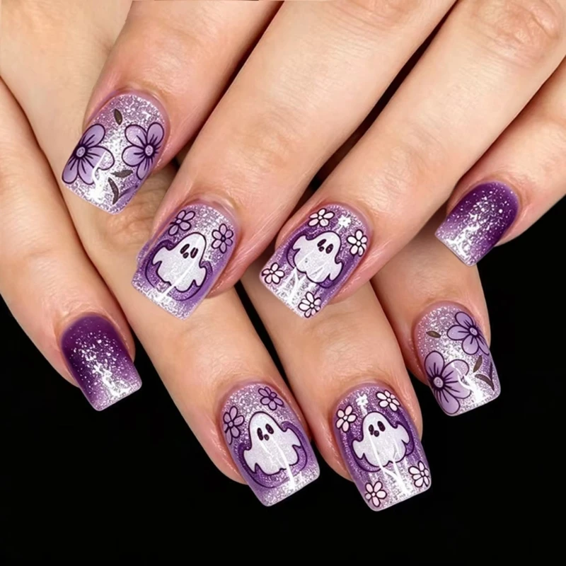 

652C Finish Press On Manicure Set with Spooky Floral Artwork, 24 Piece ABS Format and Multi Size Fit for Halloween Party
