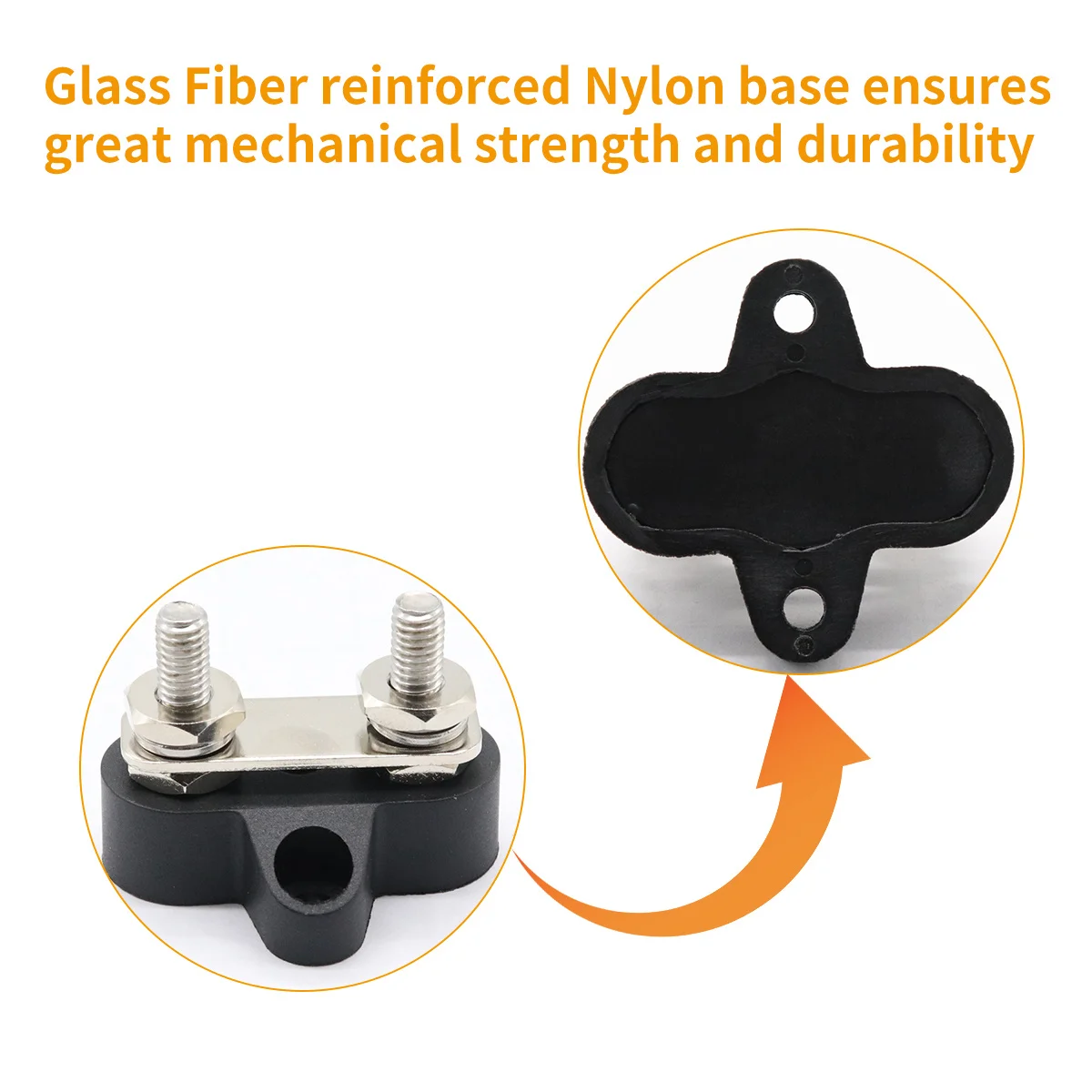 

Двухконтактный распределительный блок питания 48В для тяжелых условий эксплуатации (грузовики, автодома, лодки) с черным основанием из армированного стекловолокном нейлона