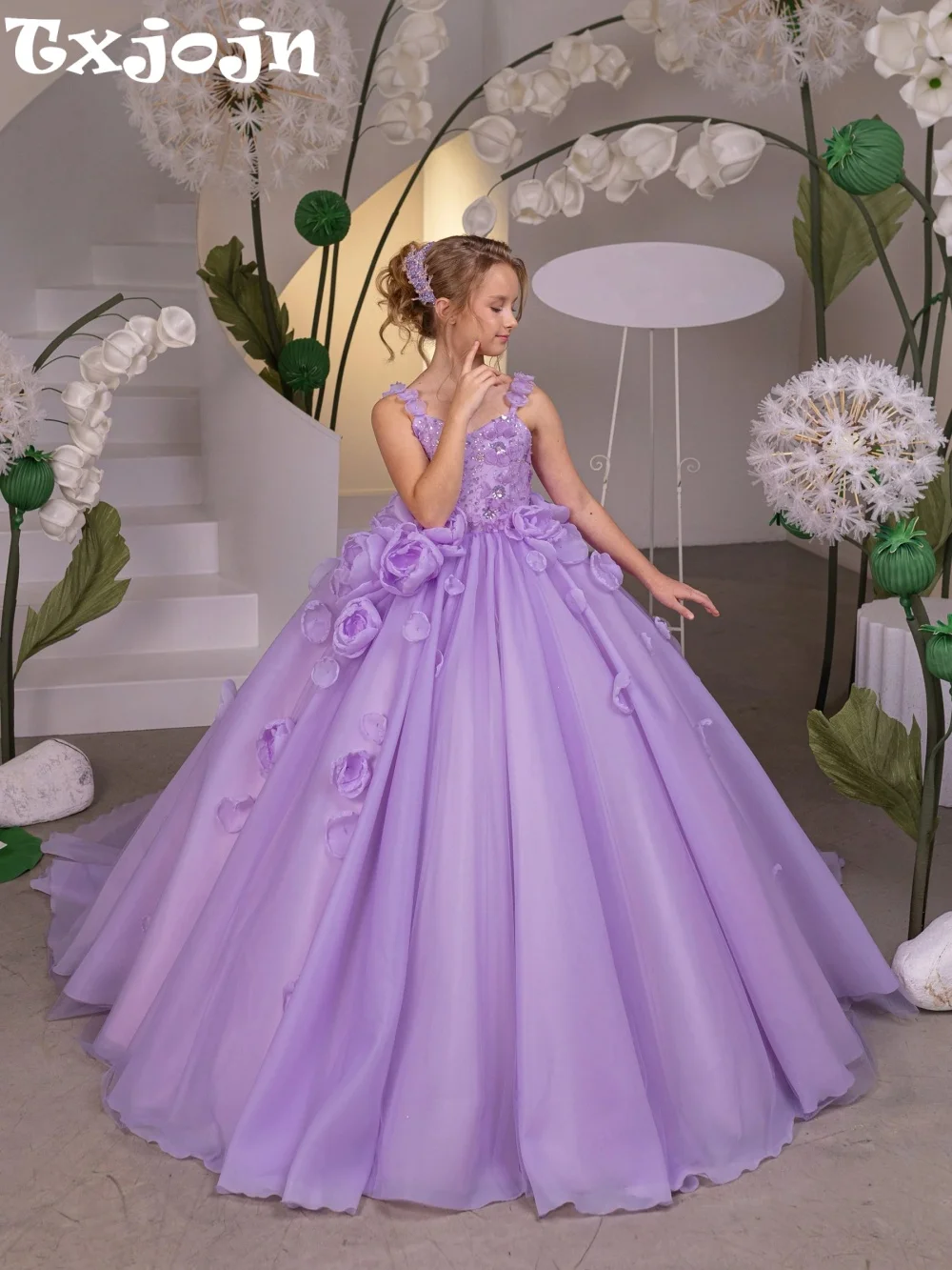 Txjojn New Handmade Floral Girls Dresses For Birthday Party Shimmering Luxury Beaded Princess Gown Wedding Guest Wear 2-14Y