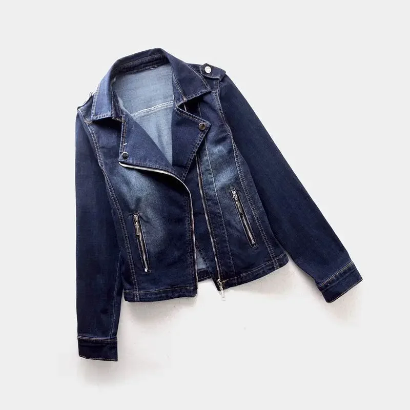 Women Denim Coat Short Coats Zipper Turn Down Collar Elegant Splice Open Stitch Jacket Full Sleeve Casual Jackets Autumn Spring