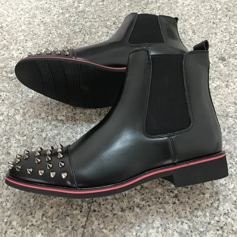 Chelsea Boots Black Rivet Punk Square Toe Slip-On Handmade Low-heeled Men Boots  Business Men Shoes