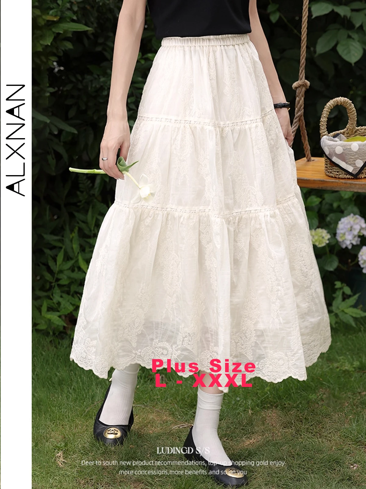 

ALXNAN Plus Size Women's White Skirt Elegant Long A-line Embroidered Skirt 2025 Fall Casual Loose-fit Female Clothes D10306BSQ