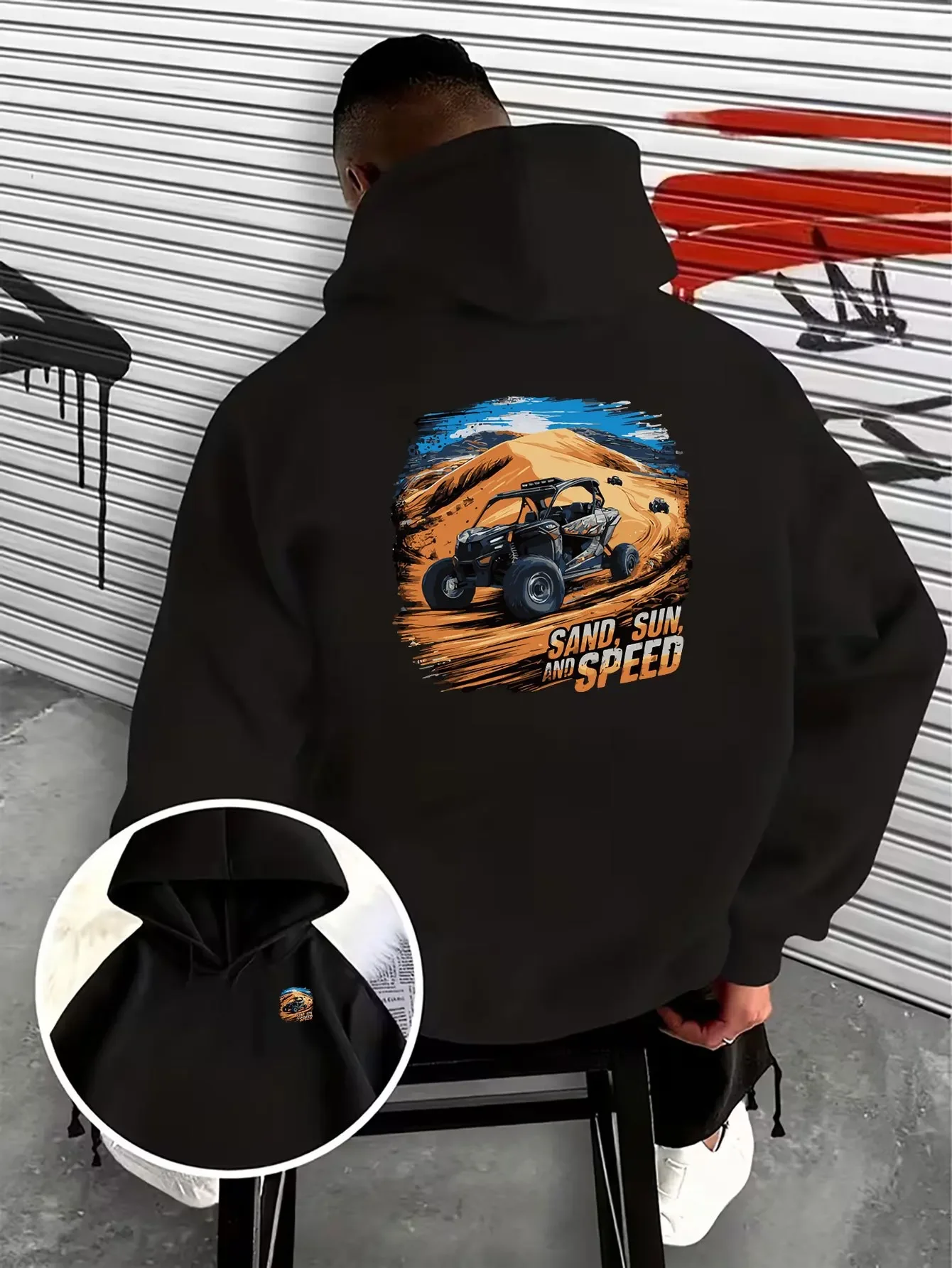 Unisex Sand Sun And Speed UTV Desert Off Road Back Print Hoodie, Dune Buggy Loose Fleece Sweatshirt Autumn Winter