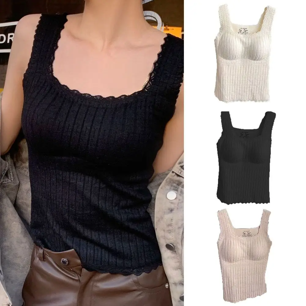 

Square Neck Lace Thermal Underwear Bottoming Shirt Solid Sleevesless Warm Top High Elastic Traceless Seamless Undershirts