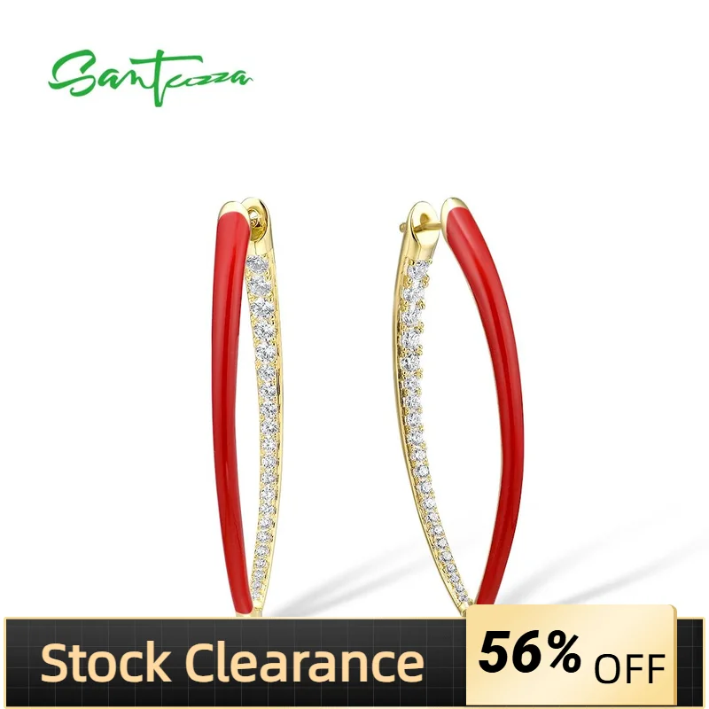 

SANTUZZA 925 Sterling Silver Hoop Earrings For Women Sparkling White CZ Stylish Red/White/Black Enamel Fine Jewelry Handmade