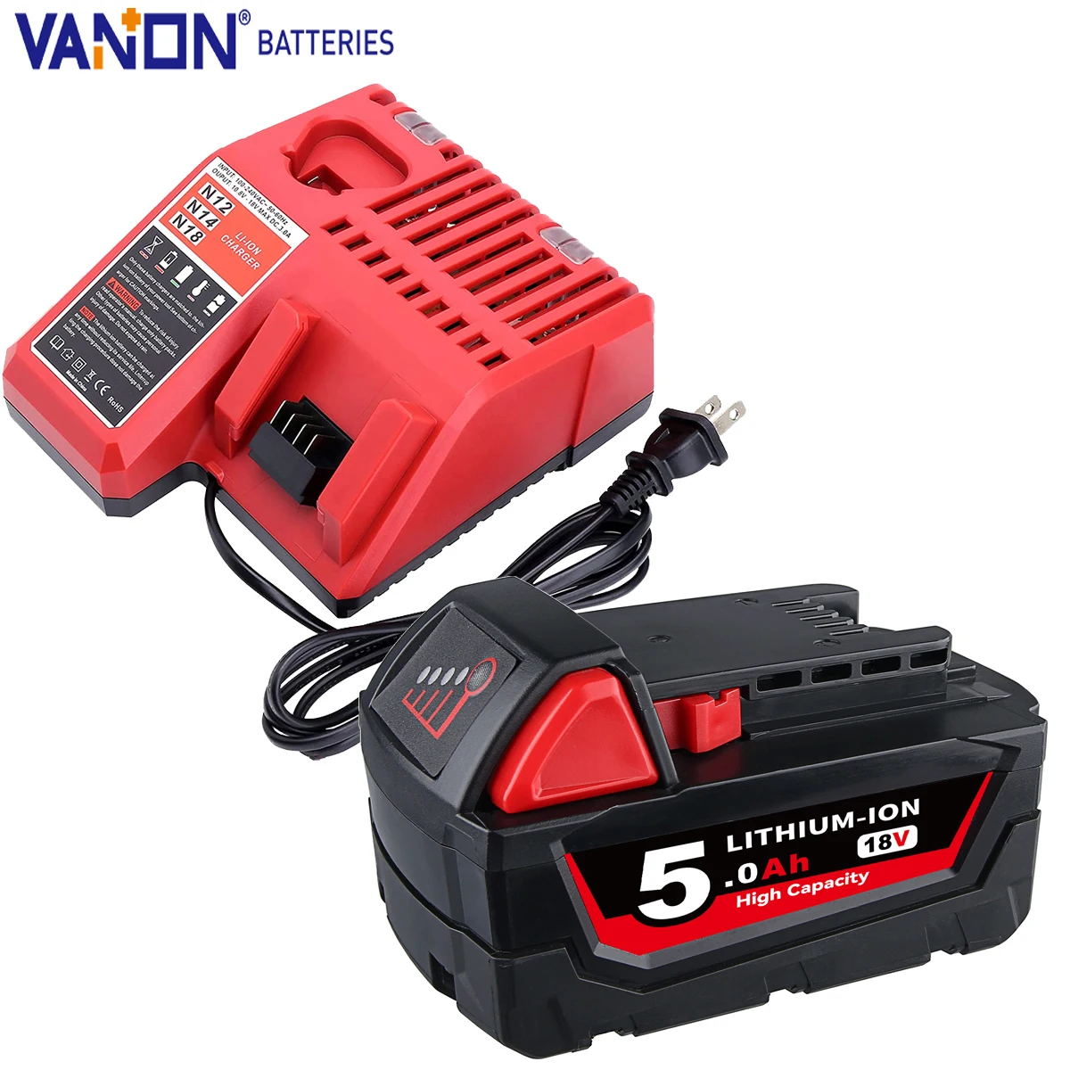 

Литиевая батарея Vanon M18 5,0 Ач, 18 В и зарядное устройство M12-18C 48-11-2420 48-11-2411, замена батареи для инструментов MIL-WAU-KEE, штифт батареи