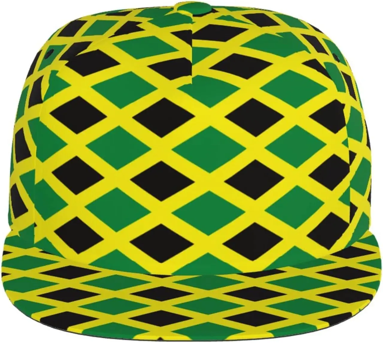 Jamaican Flag Pattern Flat Bill Hat, Unisex Snapback Baseball Cap Hip Hop Style Flat Visor Blank Adjustable Black