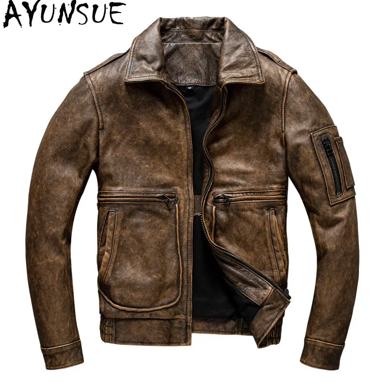 

AYUNSUE Men Retro Distressed Genuine Leather Jacket Short First Layer Cowhide Motorcycle Jackets Autumn Casual Leather Coat 2026