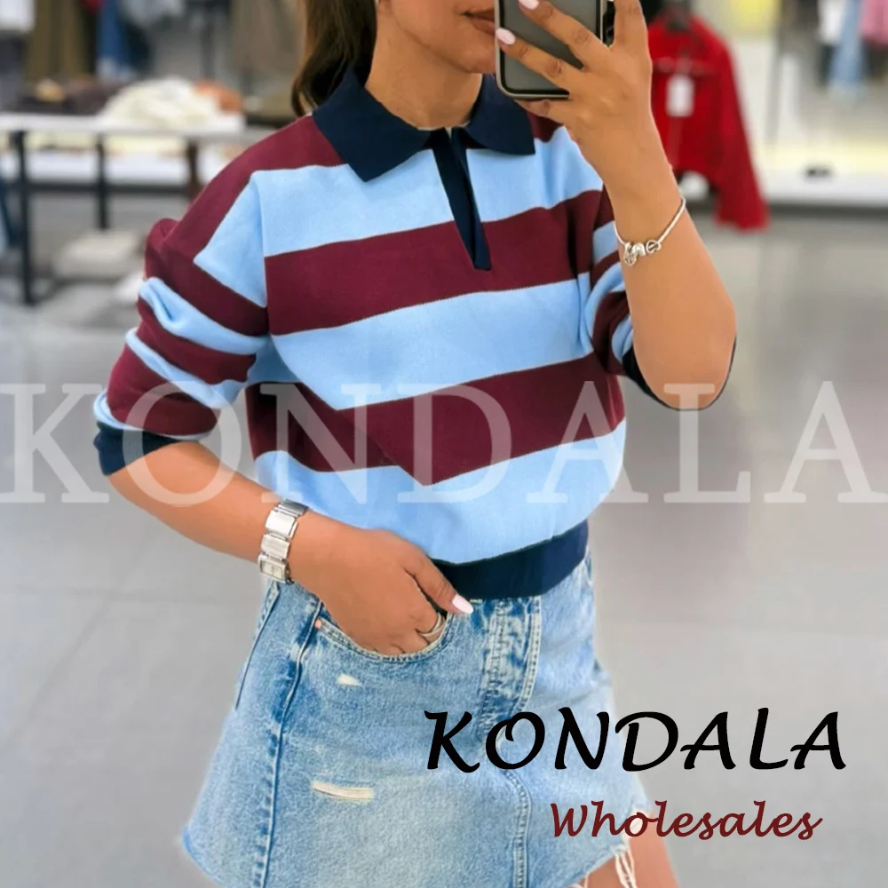 KONDALA Chic Fashion 2026 Autumn Women POLO Sweater Knit Casual Long Sleeve Striped Streetwear Female Vintage Modern Knitwear