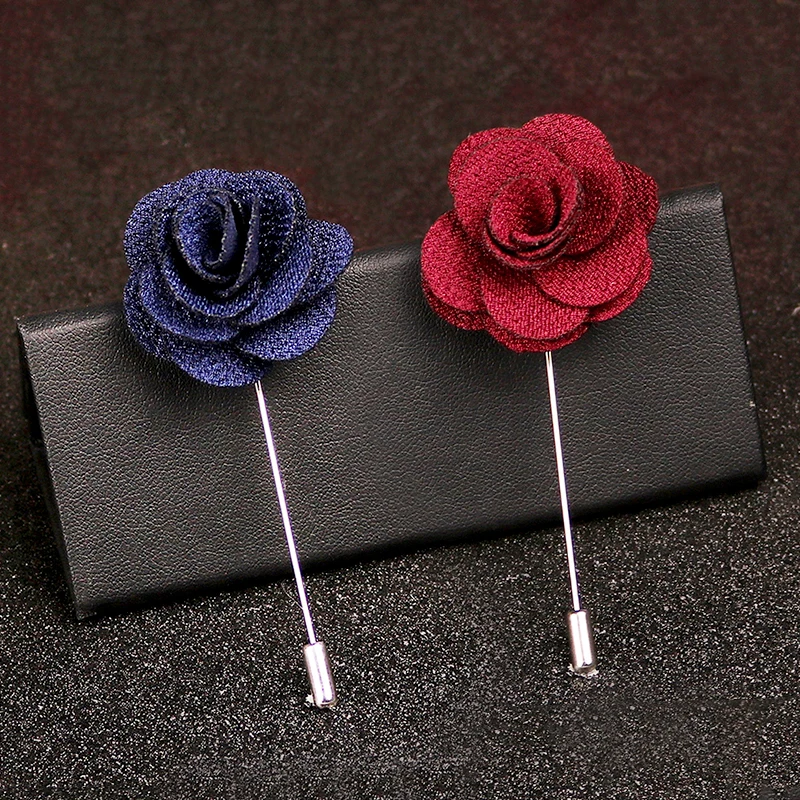 New Fashion Cloth Flower Brooch Men Artificial Camellia Flower Groomsmen Lapel Pins Handmade Floral Long Needle Suit Accessories