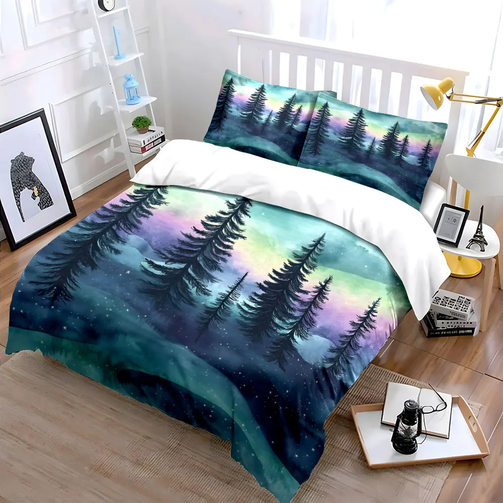 Dreamy Forest with Twinkling Stars Printed Duvet Cover Set 1 Duvet Cover+2 Pillowcase Multi Size Bedroom Bedding Decor
