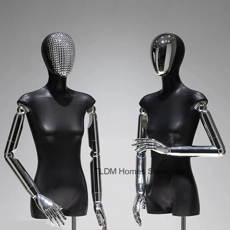 

PU Black Bust Mannequins Clothing Store Female Mannequin with Electroplated Head and Hand Iron Frame for Window Display Stand