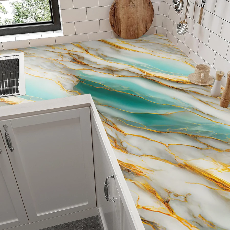 3D Self-Adhesive Turquoise Gold Marble Contact Paper Waterproof Peel and Stick Tabletop Sticker for Dining Room Kitchen Cabinet