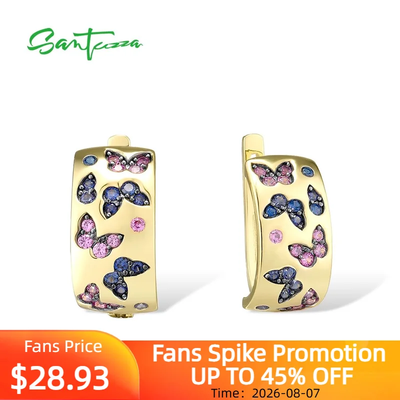 SANTUZZA Real 925 Sterling Silver Earrings For Women Sparkling Blue&Pink Butterfly Innovative Wedding Engagement Fine Jewelry