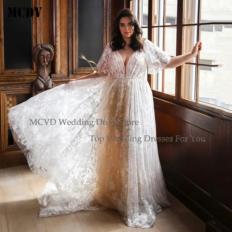 

MCDV Champagne Plus Size Wedding Dress Customized Batwing Sleeves V Neck Sequin Lace Court Train Bridal Gown Vestidos De Novia