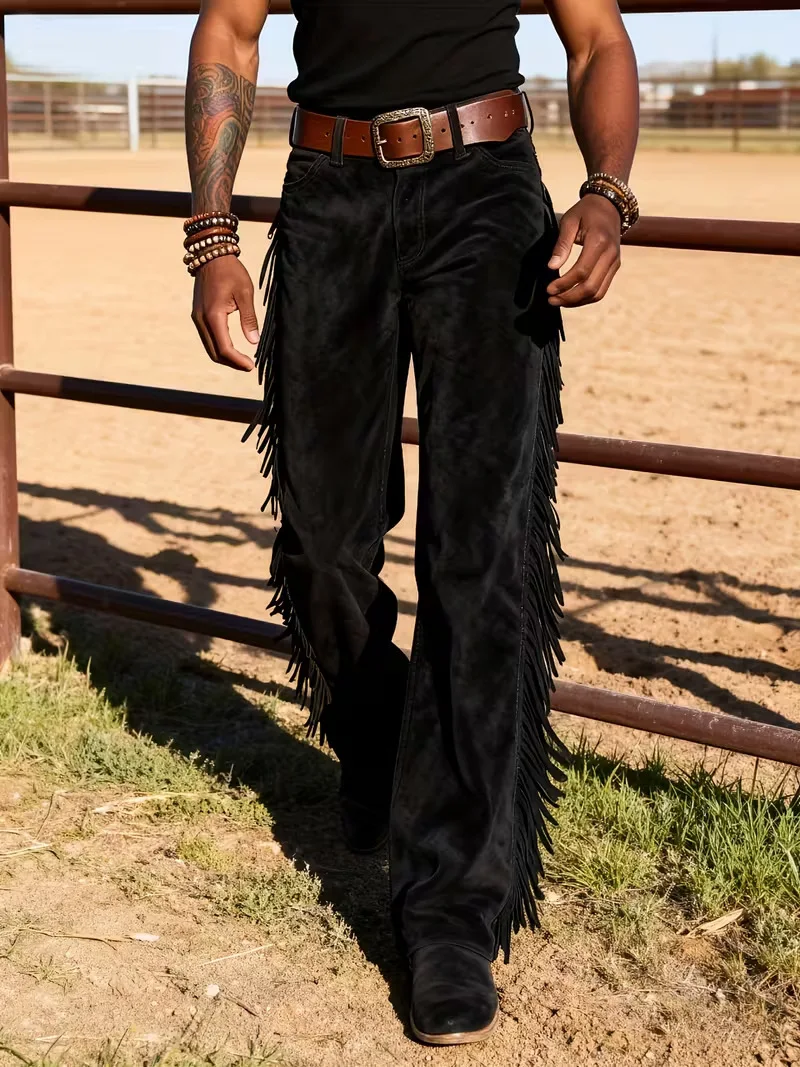 Herren-Cowboyhose mit Fransen, aus Kunstlederimitat, normale Passform, hohe Taille, Retro-Design, mit Schnallen, Hippie-Disco-Cosplay-Hose. – Detail 4