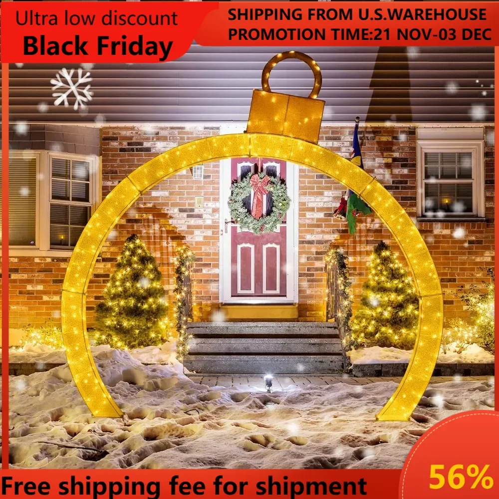 

10.5 FT Outdoor Christmas Lighted Archway with Gold Ornament Cap, 300 Warm White LED Lights, Zip Ties & Stakes, Holiday