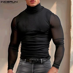2024 INCERUN American Fashion Tops Men Casual High Collar Solid T-shirts Striped Lace Splicing Long Sleeve Tees Elegant Outfits