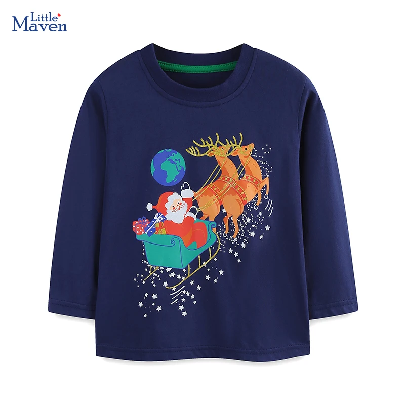 

Little maven 2025 Christmas Boys Long Sleeve T Shirt Autumn Spring Santa Claus with Deer Kids Boys Tops Clothes Cotton Autumn