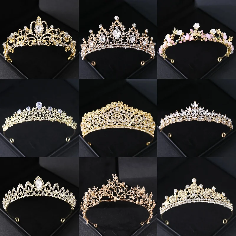 Gold Color Crystal Bridal Tiaras And Crowns Rhinestone Prom Diadem Headband Bridal Wedding Hair Accessories Jewelry Crown Tiara