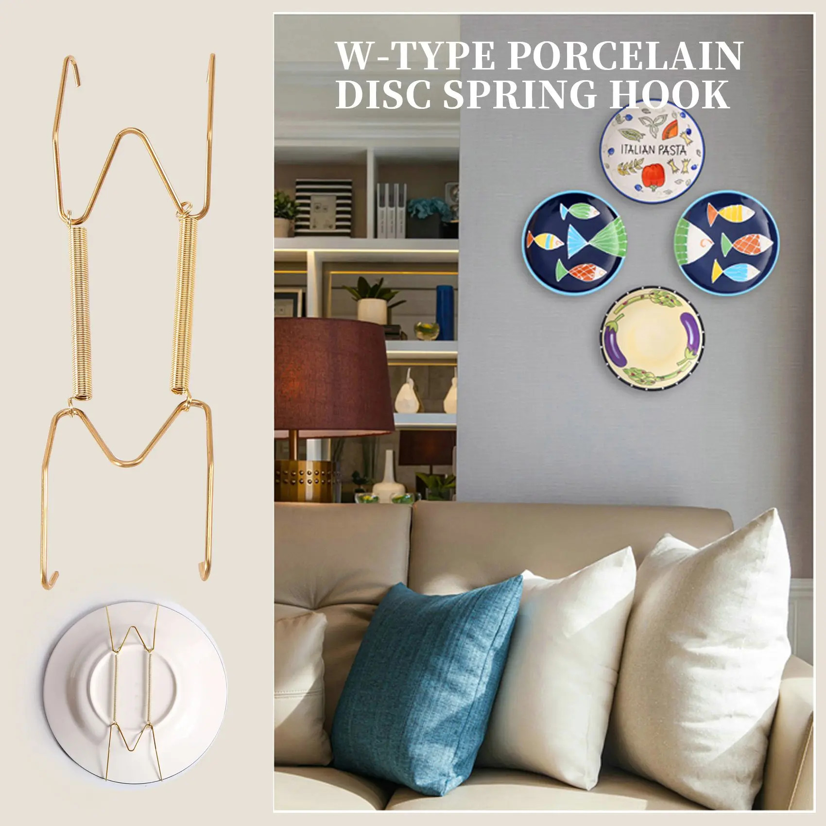 16 Pieces 6 Inch Invisible Plate Hangers Wall Plate Hangers Brass Wire Plate Holders with 18 Pieces Wall Hooks for 5 to 7 Inch